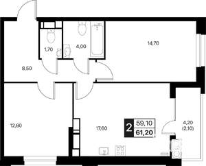 2-к квартира, вторичка, 61м2, 17/20 этаж