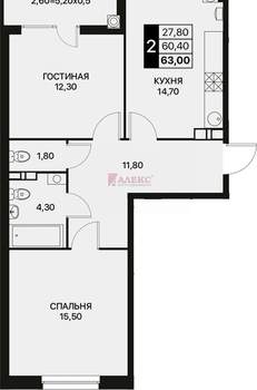 2-к квартира, вторичка, 63м2, 10/12 этаж