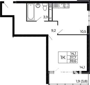 1-к квартира, сданный дом, 40м2, 2/18 этаж