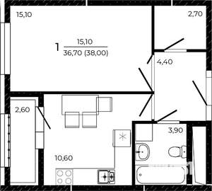 1-к квартира, вторичка, 38м2, 6/19 этаж