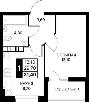1-к квартира, вторичка, 31м2, 3/20 этаж