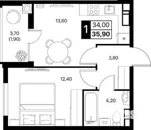1-к квартира, вторичка, 36м2, 10/12 этаж