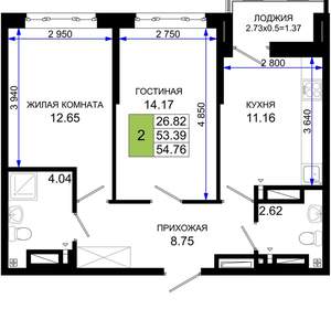 2-к квартира, вторичка, 55м2, 12/25 этаж