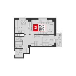 2-к квартира, строящийся дом, 61м2, 20/22 этаж