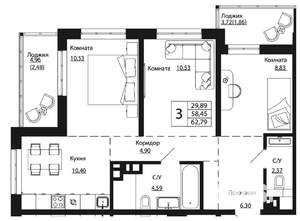 3-к квартира, строящийся дом, 62м2, 16/24 этаж