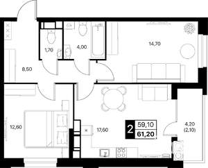 2-к квартира, вторичка, 61м2, 15/20 этаж
