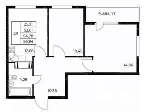 2-к квартира, вторичка, 57м2, 16/25 этаж