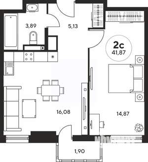 2-к квартира, вторичка, 42м2, 13/25 этаж