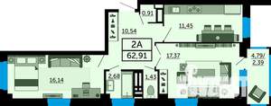 2-к квартира, строящийся дом, 63м2, 22/24 этаж