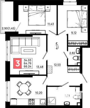 3-к квартира, вторичка, 66м2, 2/21 этаж