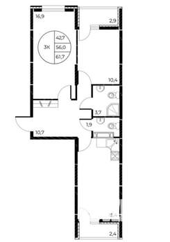 3-к квартира, строящийся дом, 62м2, 9/25 этаж