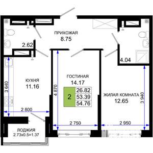 2-к квартира, вторичка, 55м2, 3/25 этаж