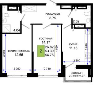 2-к квартира, вторичка, 55м2, 6/25 этаж