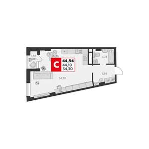 Студия квартира, строящийся дом, 45м2, 1/22 этаж