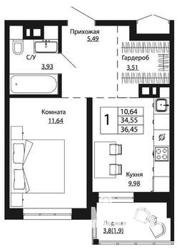 1-к квартира, строящийся дом, 37м2, 24/24 этаж