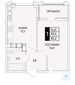 1-к квартира, вторичка, 35м2, 10/25 этаж
