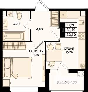 1-к квартира, вторичка, 33м2, 2/20 этаж