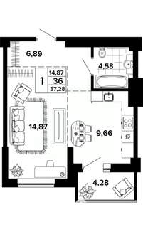 1-к квартира, вторичка, 36м2, 1/24 этаж