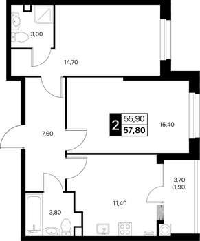 2-к квартира, вторичка, 58м2, 2/12 этаж