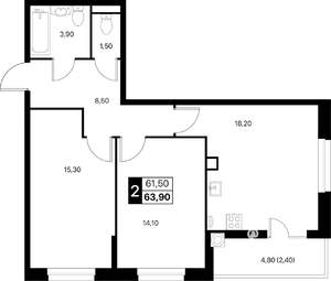 2-к квартира, вторичка, 64м2, 2/12 этаж
