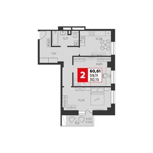 2-к квартира, строящийся дом, 61м2, 5/22 этаж