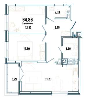 2-к квартира, строящийся дом, 65м2, 2/4 этаж