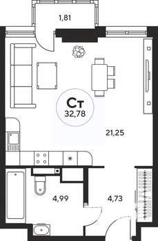Студия квартира, вторичка, 33м2, 2/25 этаж