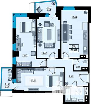 3-к квартира, строящийся дом, 79м2, 24/24 этаж