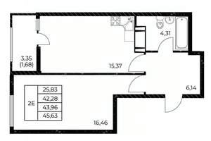 1-к квартира, вторичка, 46м2, 15/25 этаж
