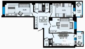 3-к квартира, строящийся дом, 84м2, 8/24 этаж