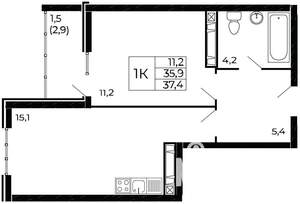 1-к квартира, вторичка, 38м2, 4/19 этаж