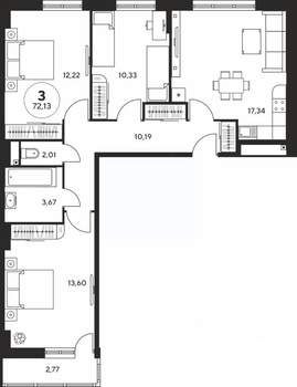 3-к квартира, вторичка, 72м2, 10/25 этаж
