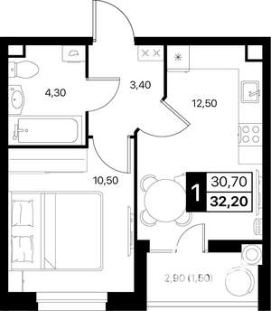 1-к квартира, вторичка, 32м2, 2/12 этаж