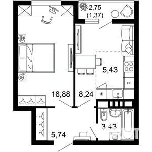 2-к квартира, вторичка, 41м2, 9/10 этаж