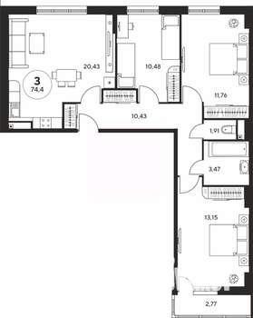 3-к квартира, вторичка, 74м2, 14/25 этаж