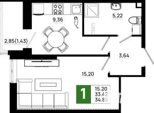 1-к квартира, вторичка, 35м2, 2/21 этаж