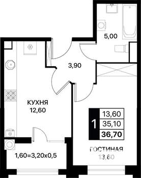 1-к квартира, вторичка, 37м2, 2/12 этаж