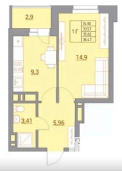 1-к квартира, сданный дом, 36м2, 3/21 этаж