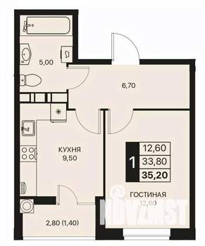 1-к квартира, строящийся дом, 35м2, 6/12 этаж