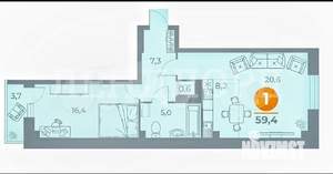 2-к квартира, сданный дом, 59м2, 16/20 этаж