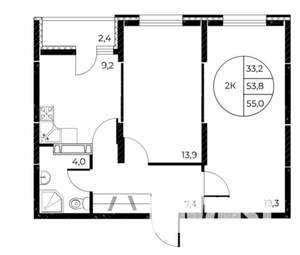 2-к квартира, строящийся дом, 55м2, 16/25 этаж