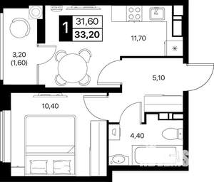 1-к квартира, вторичка, 33м2, 9/12 этаж