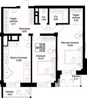 2-к квартира, вторичка, 71м2, 2/10 этаж