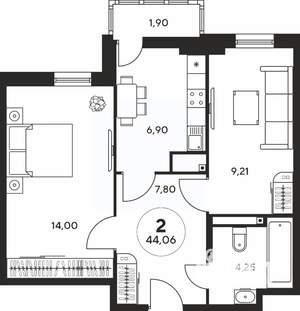 2-к квартира, вторичка, 44м2, 12/25 этаж