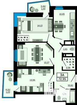 3-к квартира, строящийся дом, 74м2, 19/31 этаж