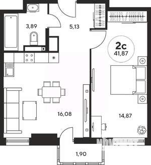 2-к квартира, вторичка, 42м2, 16/25 этаж