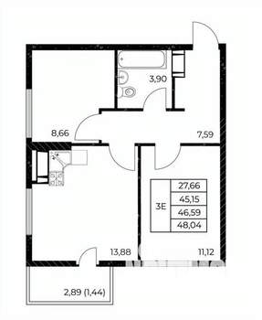 2-к квартира, строящийся дом, 48м2, 13/25 этаж