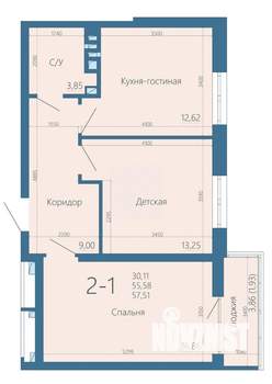 2-к квартира, строящийся дом, 57м2, 13/15 этаж