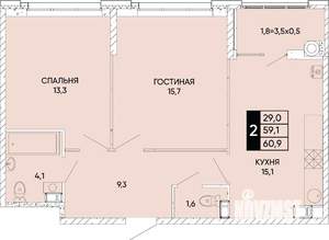 2-к квартира, вторичка, 61м2, 6/22 этаж