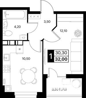 1-к квартира, вторичка, 32м2, 6/12 этаж